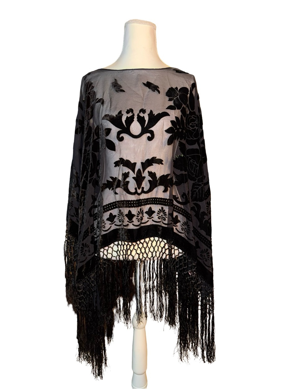 Vintage Black Burnout Velvet Sheer Fringe Poncho Cape | One Size | Boho Gothic